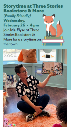 Description of a bookstore storytime program accompanied by a photo of a woman reading a book aloud