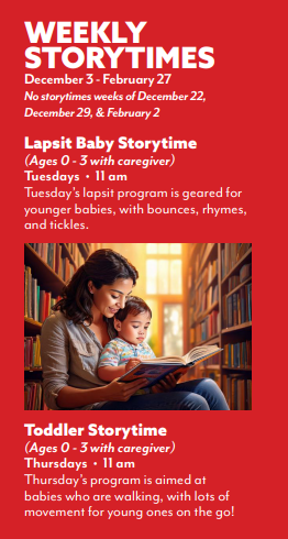 Photo of woman reading to child on her lap accompanied by text about storytime programs